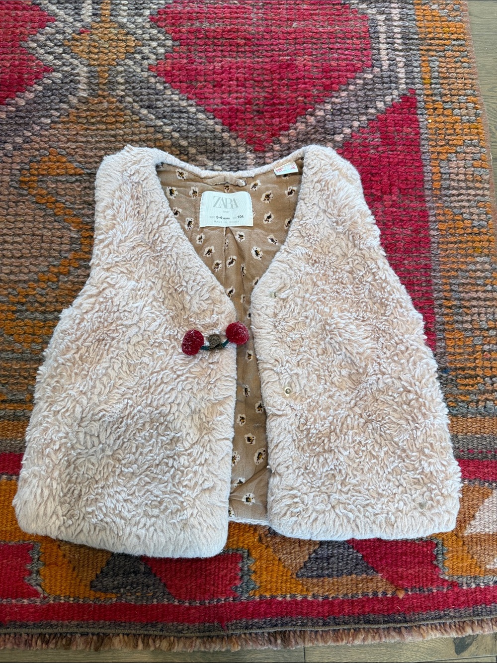 ZARA Beige Faux-Sherpa Girls Vest with Red Cherry Accent